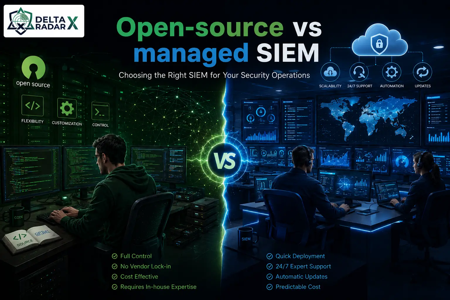 Open-source vs managed SIEM comparison infographic by Delta X Radar showing features, costs, and security operations.