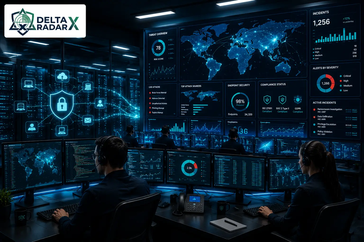 Security Operations Center (SOC) explained through a modern cybersecurity operations center with real-time threat monitoring and incident response.